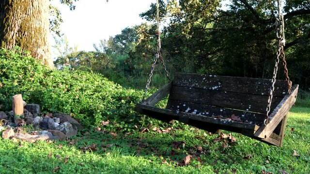An old weathered bench swing sways in the breeze under a grandfather oak tree