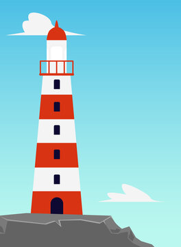 Striped sea lighthouse on seacoast flat cartoon vector illustration.
