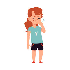 Sneezing little girl without handkerchief flat vector illustration isolated.