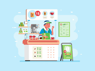 small stand coffee shop with man chracter as cashier wearing uniform, coffee maker and other equipment arrange in the stand