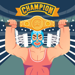 The wrestler raises the belt of victory in the ring with champion letter above vector illustration
