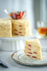 Napoleon cake. Beautiful cake with berries, classic pastries. High quality photo.