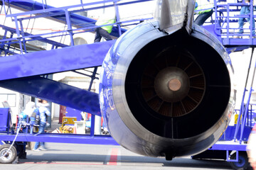 Close up of airplane engine in airport