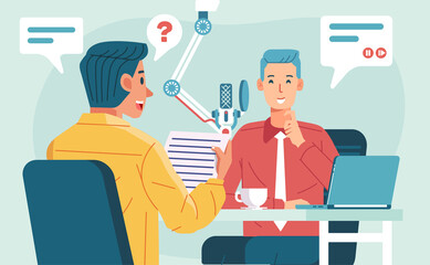 two man character doing podcast interview with man entrepreneur in studio, michrophone and laptop on the table flat vector illustration