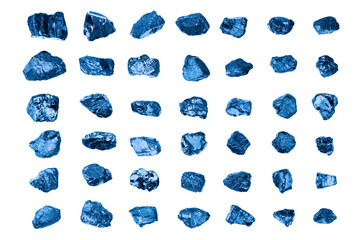 Dark blue gem stones set white background isolated closeup, raw sapphire gemstones collection,...