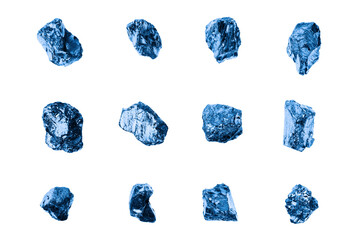 Fototapeta premium Dark blue gem stones set white background isolated closeup, raw sapphire gemstones collection, group shiny quartz rocks, rough amethyst, brilliant crystals, natural mineral samples, jewelry production