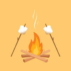 Burned Marshmallows. Marshmallow stick and Bonfire vector.