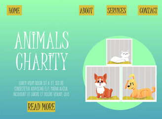 Animal charity website page with pets in shelter, flat vector illustration.