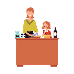 Mother and daughter cooking together flat vector illustration isolated.