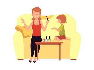 Mother and daughter having beauty party at home, flat vector illustration.