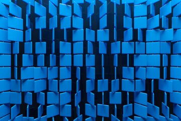 3d illustration of rows of blue squares .Set of cubes on monocrome background, pattern. Geometry  background