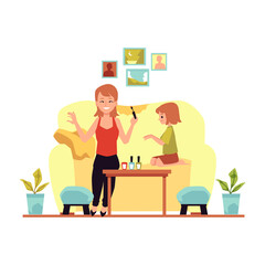 Mother and daughter had beauty party at home, flat vector illustration isolated.