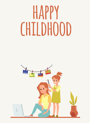 Happy childhood card or poster with mother and daughter flat vector illustration.
