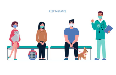 The queue to the veterinary clinic. People with pets are waiting on the bench, keeping their distance so as not to spread the virus. Owners of cats and dogs listen to the veterinarian. Flat vector