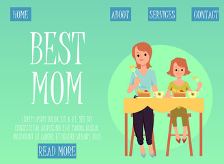 Mother and daughter eating food together - website banner template