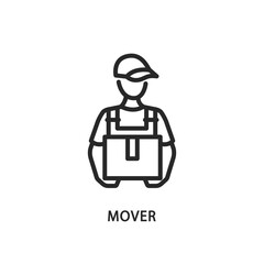 Mover line flat icon. Vector illustration a man in a cap in overalls holds a box in his hands. Delivery men.