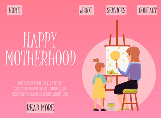 Motherhood website banner with mother and daughter flat vector illustration.