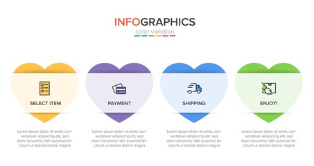 Concept of shopping process with 4 successive steps. Four colorful graphic elements. Timeline design for brochure, presentation, web site. Infographic design layout.