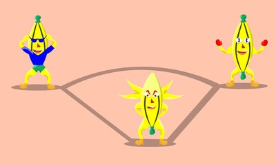 three cute fruit cartoon characters. A cartoon banana fruit asset for a child's learning illustration. vector based image.