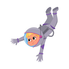 Fototapeta na wymiar Kid Astronaut in Outer Space Suit Floating in Space, Cute Boy Playing Astronauts, Space Tourist Character Cartoon Style Vector Illustration