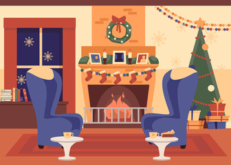 Christmas room with fireplace and presents under tree, flat vector illustration.