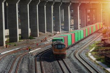 Freight train diesel locomotive transport Container.