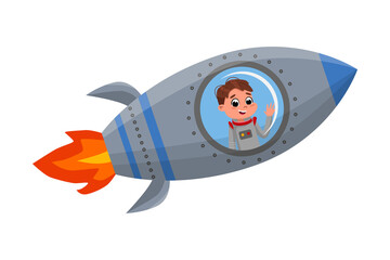 Cute Happy Kid Astronaut Character Flying in Rocket, Little Boy Dreaming of Becoming an Astronaut Cartoon Style Vector Illustration