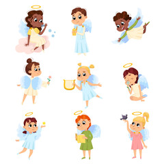 Obraz na płótnie Canvas Adorable Baby Angels Set, Cute Angelic Boys and Girls with Wings and Halo Cartoon Style Vector Illustration