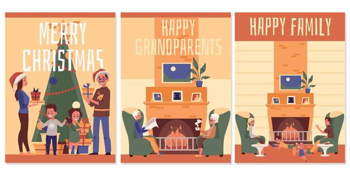 Winter cards set with people in room with fireplace, flat vector illustration.