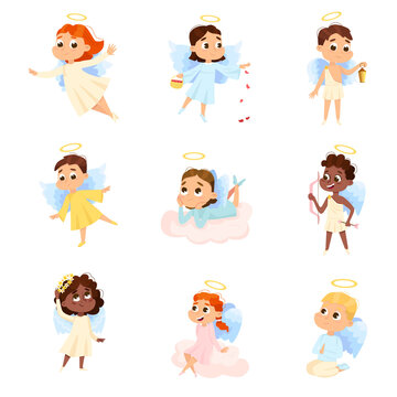 Cute Baby Angels Set, Angelic Boys and Girls with Wings and Halo Cartoon Style Vector Illustration