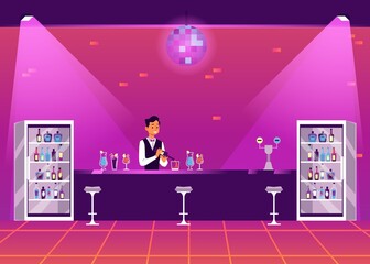Empty bar counter in disco nightclub - cartoon bartender man with drinks