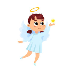Cute Baby Angel Holding Star, Angelic Girl with Wings and Halo Cartoon Style Vector Illustration