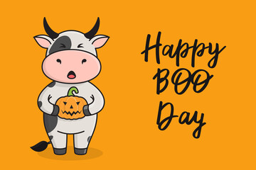 Cute Halloween greeting card with bull cow or ox, symbol of the year 2021 according to the Chinese calendar. Vector stock ready-to-print illustration for postcard, poster, template for social media.