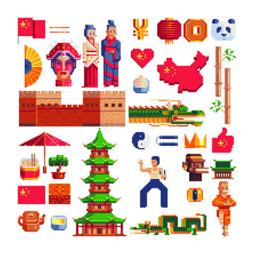 Chinese tradition elements. Icons set. 80s style. Pixel art. Asian theme. Great Chinese Wall. Dragon and shaolin monk. Stickers design. 8-bit sprites. Isolated vector illustration. 