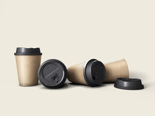 3d render craft paper coffee cups