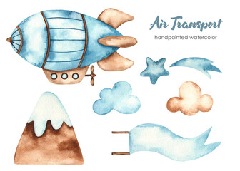 Watercolor set of air transport with airship, clouds, mountain, star © MarinaErmakova