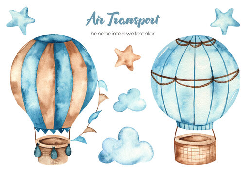 Watercolor clipart of air transport with hot air balloons, clouds and stars