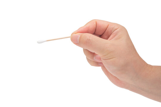 Close-up of a man's hand holding a cotton swab on a white background.