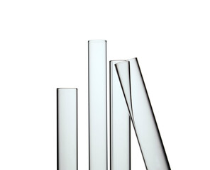 Set with different laboratory glassware and liquid for analysis on white background