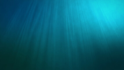 Underwater sun light beams shining from above coming through the deep clear blue water. 3D render