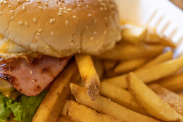 Gourmet Hamburger served with fries for lunch