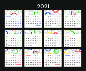 2021 12 months calendar with abstract geometric backgrounds, starts monday, two weekend, white background