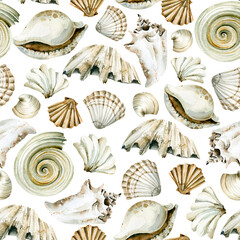 Naklejki  Akwarela podwodny wzór - ręcznie malowane muszle oceaniczne, morska rafa koralowa, wodorosty. Ilustracja podwodna idealna do tkanin tekstylnych, nadruków, wnętrz domowych, projektów, kart