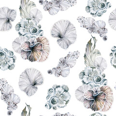 Watercolor underwater seamless pattern- hand painted oceanic shells, sea coral reef, seaweed. Undersea illustration perfect for fabric textile, prints, home interior, design, cards