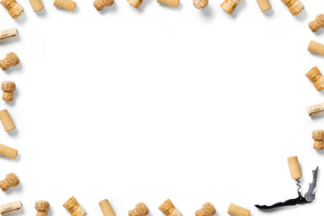 wine corks creative flat lay layout on a white backlit background. flatlay creative wine set with...