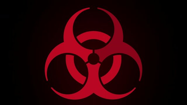 Motion graphic of Digital biohazard warning symbol show up and virus outbreak. Critical error alert symbol on screen background with digital noise glitch effect. Concept of technology security.
