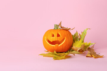 Carved Halloween pumpkin on color background