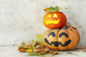 Carved Halloween pumpkins on table
