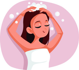 Happy Relaxed Girl Washing Her Hair Vector Cartoon