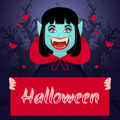 Cheerful Female Vampire or Monster Holding Halloween Message Paper with Flying Bats on Scary Tree Background.